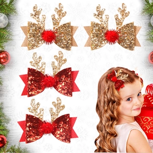 Barrettes de Cheveux en Bois de Renne de Noël Nœud en Paillettes Épingles à Cheveux avec Pompon Rouge Accessoires de Cheveux de Fête pour Filles Femmes