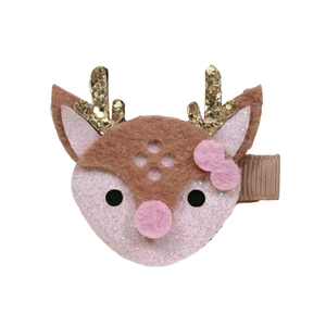 Détail de la pince à cheveux renne avec feutre marron, paillettes dorées et nœud rose