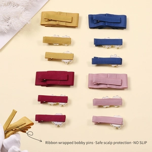 Handmade girls ribbon bow hair clips with pearls and non-slip fabric wrapping