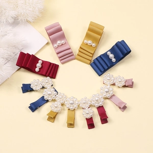 Handmade girls hair clips set with ribbon bows and pearls in multiple vibrant colors
