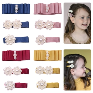 Girls Artificial Pearl Bow Hair Clips Handmade Grosgrain Ribbon Duckbill Clip All Wrapped Fabric Flower Hairpin For Kids Hair Accessories