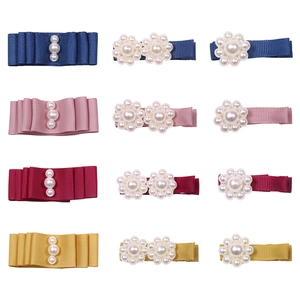 Girl's handmade grosgrain ribbon hair clips set with artificial pearls in four colors