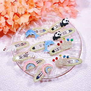 Cartoon Animal Embroidery Hair Clips Rainbow Crown Panda Dolphin BB Snap Clips Glitter Hair Pins For Toddler Girls Fashion
