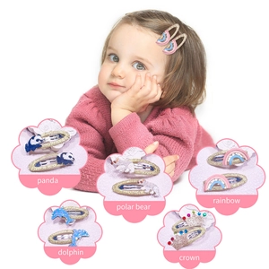 Cute embroidered animal snap hair clips set with rainbow and crown for little girls