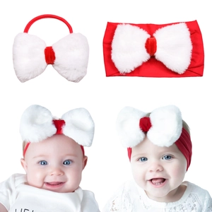 Christmas Baby Plush Bow Headband Red White Elastic Nylon Hair Band For Infants Toddlers Kids Festive Party Hair Accessories