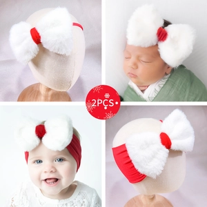 2PCS set of Christmas red nylon baby headbands with large white plush bow for infants