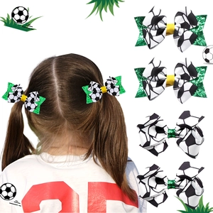 Barrettes à Cheveux Nœud Motif Football Sport Pour Enfants Filles Vert Pailleté Ruban Gros-Grain Épingles à Cheveux Accessoires