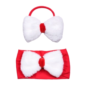 Christmas red headband set with oversized white faux fur bow for toddlers and girls