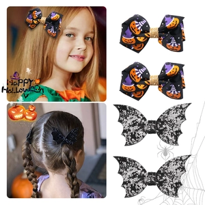 Halloween Hair Clips For Kids Pumpkin Ghost Bat Wing Bow Barrettes Sequin Glitter Hair Accessories Holiday Party Decor Girls