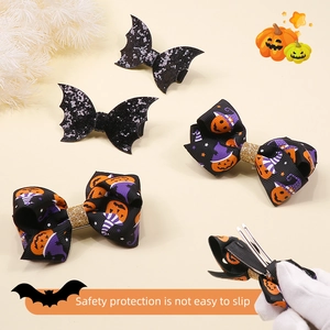 Halloween glitter bat wing hair clips and pumpkin bow set with non-slip metal alligator grips