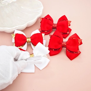 Barrettes à cheveux à paillettes pour enfants en ruban rouge et blanc avec pinces crocodiles