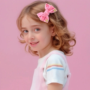Detalle de lazo de pelo en terciopelo rosa con corazones dorados brillantes para niñas