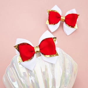 Détails de barrettes à cheveux en ruban gros-grain rouge et blanc avec paillettes dorées