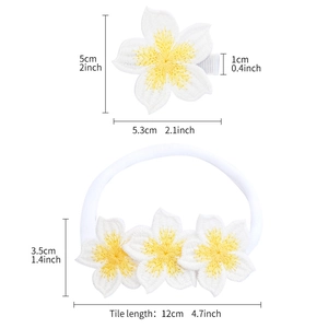 Handmade knitted white plumeria flower hair clip and nylon headband set for girls