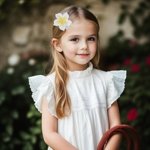 Detail of a white knitted flower clip on a girl hair with soft outdoor lighting