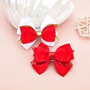 Barrettes à cheveux à nœuds scintillants pour enfants avec ruban gros-grain rouge vif