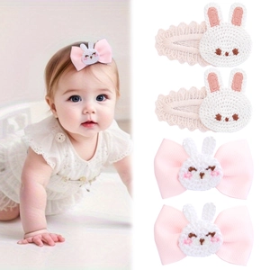 Barrettes Cheveux Lapin de Pâques Faites à la Main pour Enfants Filles Nœud Rose Style Animal Crochet Accessoires Cheveux
