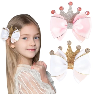 Girls Princess Glitter Crown Bow Hair Clips Handmade Sweet Hair Accessories Rhinestone Embellished Hairpin Gift For Kids