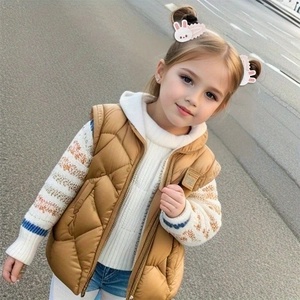 Détail d'un gilet matelassé marron pour enfants avec coutures en losange et fermeture éclair