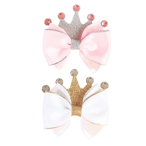 Glitter princess crown hair clips with handmade ribbon bows and rhinestones for girls