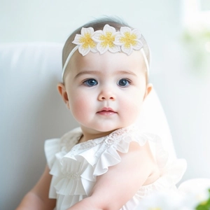 Close-up of white knitted floral baby headband with yellow centers on a nylon band