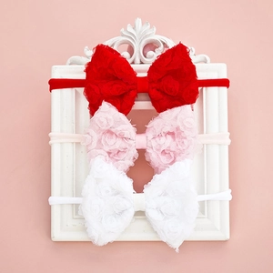 Three-piece baby nylon headbands set with large lace rose flower bows in red pink and white