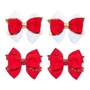 Lot de 4 barrettes à nœuds pailletés pour enfants en ruban gros-grain rouge et blanc