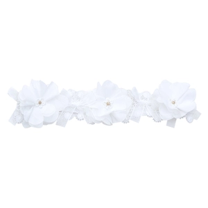 Bandeau bébé élégant en dentelle blanche avec trois fleurs en mesh et perles dorées
