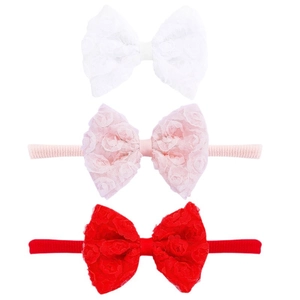 Set of 3 baby lace headbands with floral bows in white, light pink and red colors