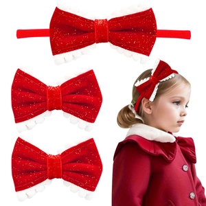 Christmas Red Velvet Bow Hair Accessories Set With White Pom-Poms Glitter Headband Hair Clips For Toddler Kids Holiday Party