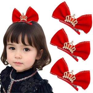 Barrette À Cheveux Nœud En Velours Rouge Pour Enfants Avec Couronne En Strass Dorée Style Princesse Accessoires Cheveux Filles