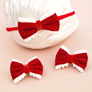 Red velvet Christmas hairbow set with white pom-poms and gold shimmer for kids