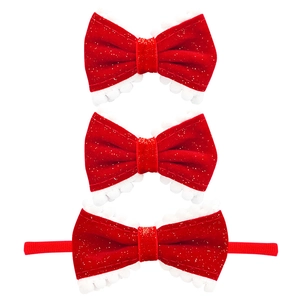 Kids red velvet bow headband and hair clips set with white fur balls and gold sequins