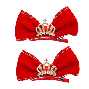 Lot de deux barrettes nœuds en velours rouge avec couronnes dorées et strass