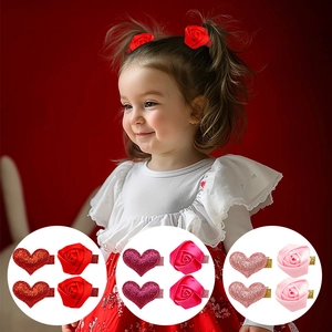 Handmade Kids Hair Clips Glitter Heart Polyester Satin Rose Flower Duckbill Clips Princess Hair Accessories For Girls Daily Birthday Gift