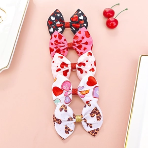 5-piece set of girls' ribbon bow hair clips with glitter hearts and leopard patterns