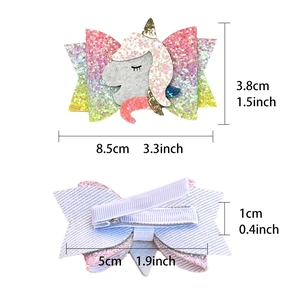 Girls unicorn glitter hair bow clip with purple sequins and full-wrapped safety duckbill clip