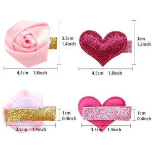 Pink ribbon rose and glitter heart hair clips set for girls, size 1.8 inch with duckbill clip
