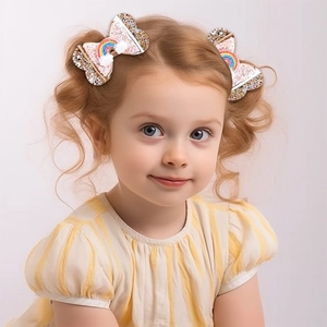 Close-up of glitter bow hair clips with rainbow cloud motifs on a young girl's hair