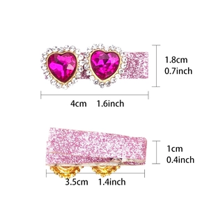 Pink glitter heart hair clips for girls with rhinestone gems and metal duckbill clamps