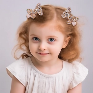 Close-up of glittery golden butterfly hair clips with soft fabric wrap for girls