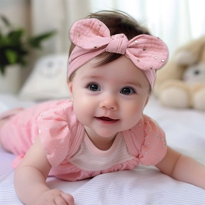 Pink bunny ear bow headband for baby girls made of soft fabric with gold stud accents