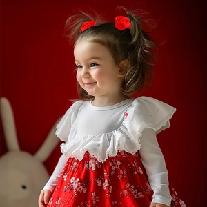 Detailed view of red rose hair clips with glitter accents on a young girl's hair buns