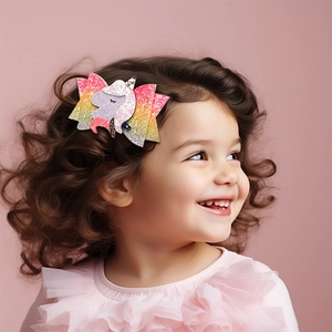 Toddler girl wearing a glitter unicorn hair bow clip with colorful sequins on hair