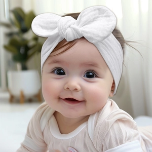 Close-up of baby girl in white textured bow headband with a soft elastic fabric design