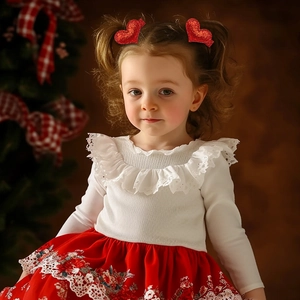 Toddler girl wearing sparkly red glitter heart hair clips with a festive holiday backdrop