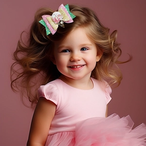 Detail view of pink unicorn ice cream bow hair clip worn by a smiling little girl