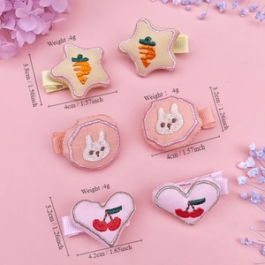 6-piece embroidered fabric hair clips featuring stars, rabbits, and cherries for girls