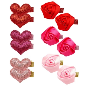 12Pcs glitter heart and ribbon rose hair clips set in shades of red and pink for girls