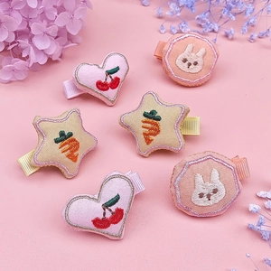 Set of 6 cute embroidered fabric hair clips with rabbit, star and cherry designs for girls